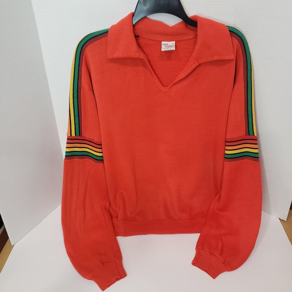 Vintage Orange Sweatshirt with multi-color stripes on sleeves